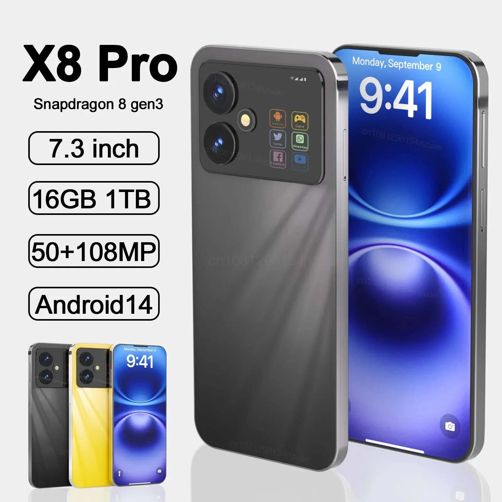 1-Original X8 Pro Smartphone 7.3inch Global Version 16G 1TB Snapdragon 8 gen3 Android14 50 108MP 4G/5G Cellphone Mobile Phone NFC