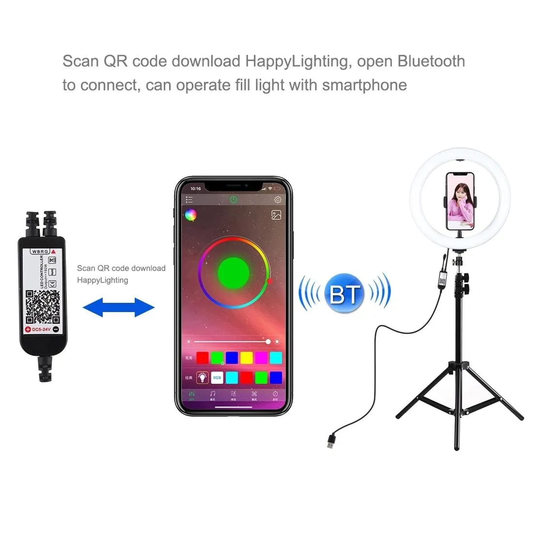 10.2 RGBW LED Ring Light Kit with 1.1M Tripod, Remote, Ball Head, and Phone Clamp