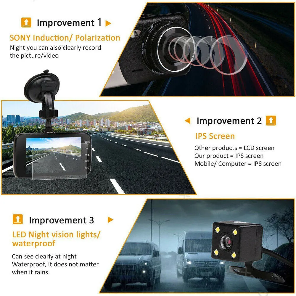1080P Car Dash Camera | Dual Front and Rear Video DVR Recorder | Night Vision Kit