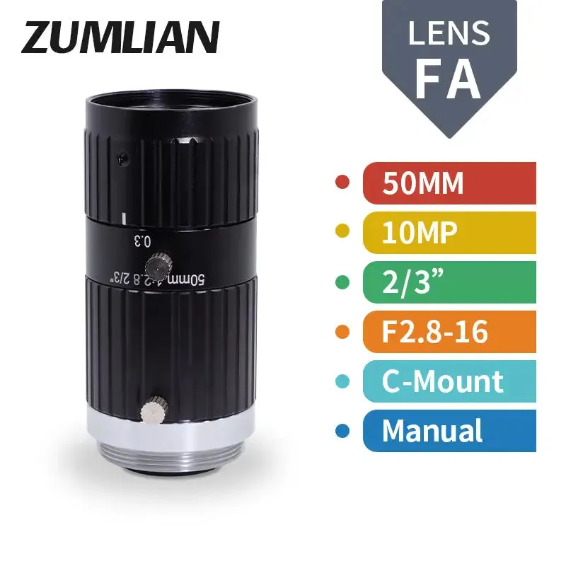10MP 8mm-50mm Manual C-mount F2.8-16 2/3" FA Prime Lens