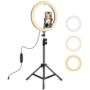 11.8" LED Ring Light with Tripod & Phone Clamp | 3 Modes | Dual Colour Temperature | Curved Surface | Black