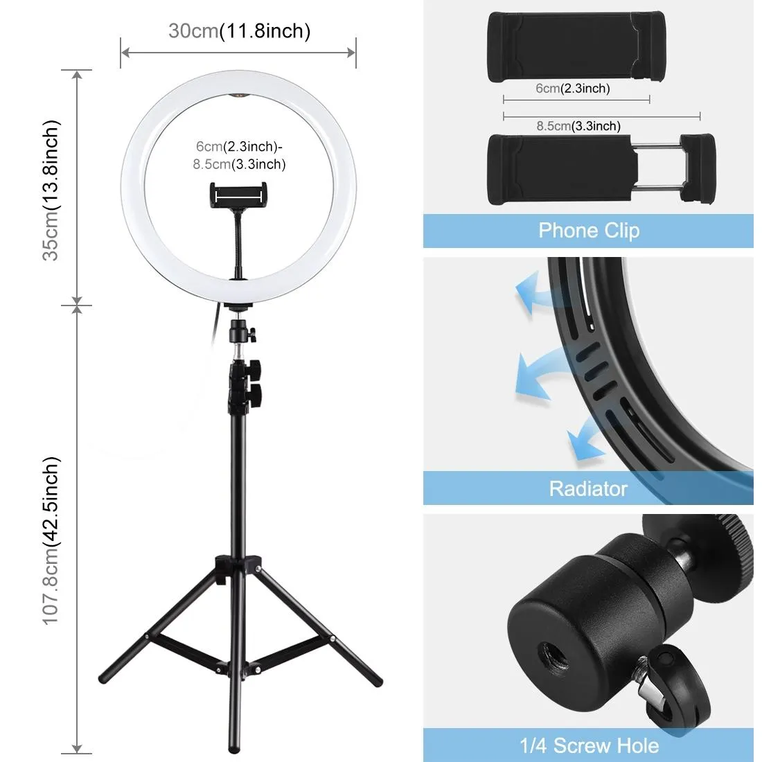 11.8" LED Ring Light with Tripod & Phone Clamp | 3 Modes | Dual Colour Temperature | Curved Surface | Black
