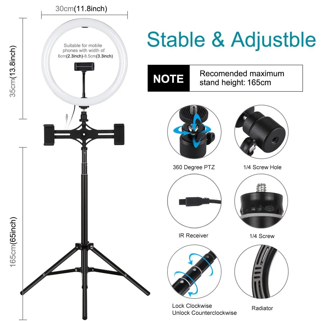 11.8" RGBW LED Ring Light Kit with Mount | Dual Phone Brackets | Remote Control