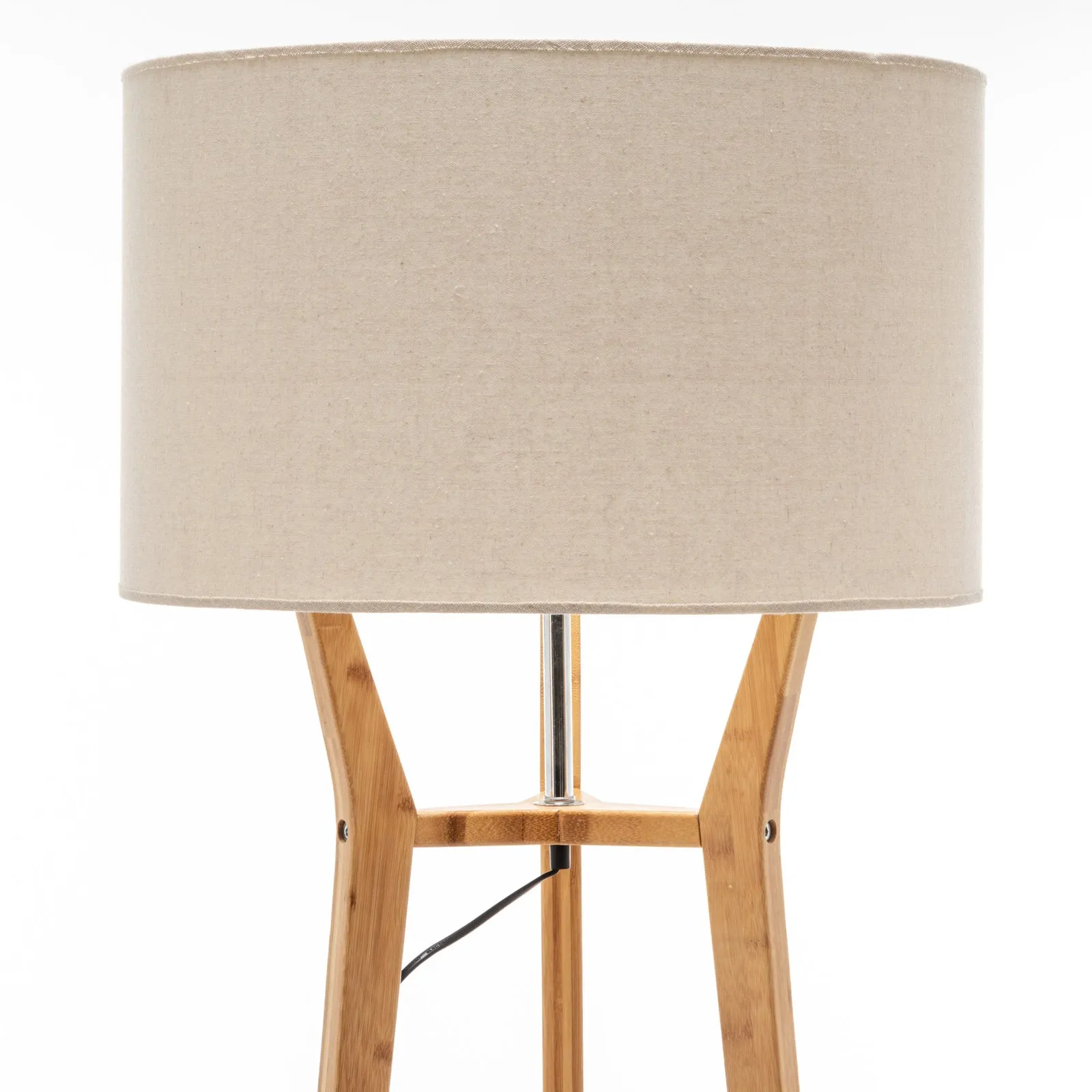 168cm Large Bamboo Wooden Tripod Floor Lamp | Modern Linen Shade with Shelves