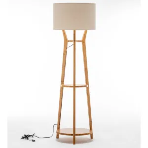 168cm Large Bamboo Wooden Tripod Floor Lamp | Modern Linen Shade with Shelves
