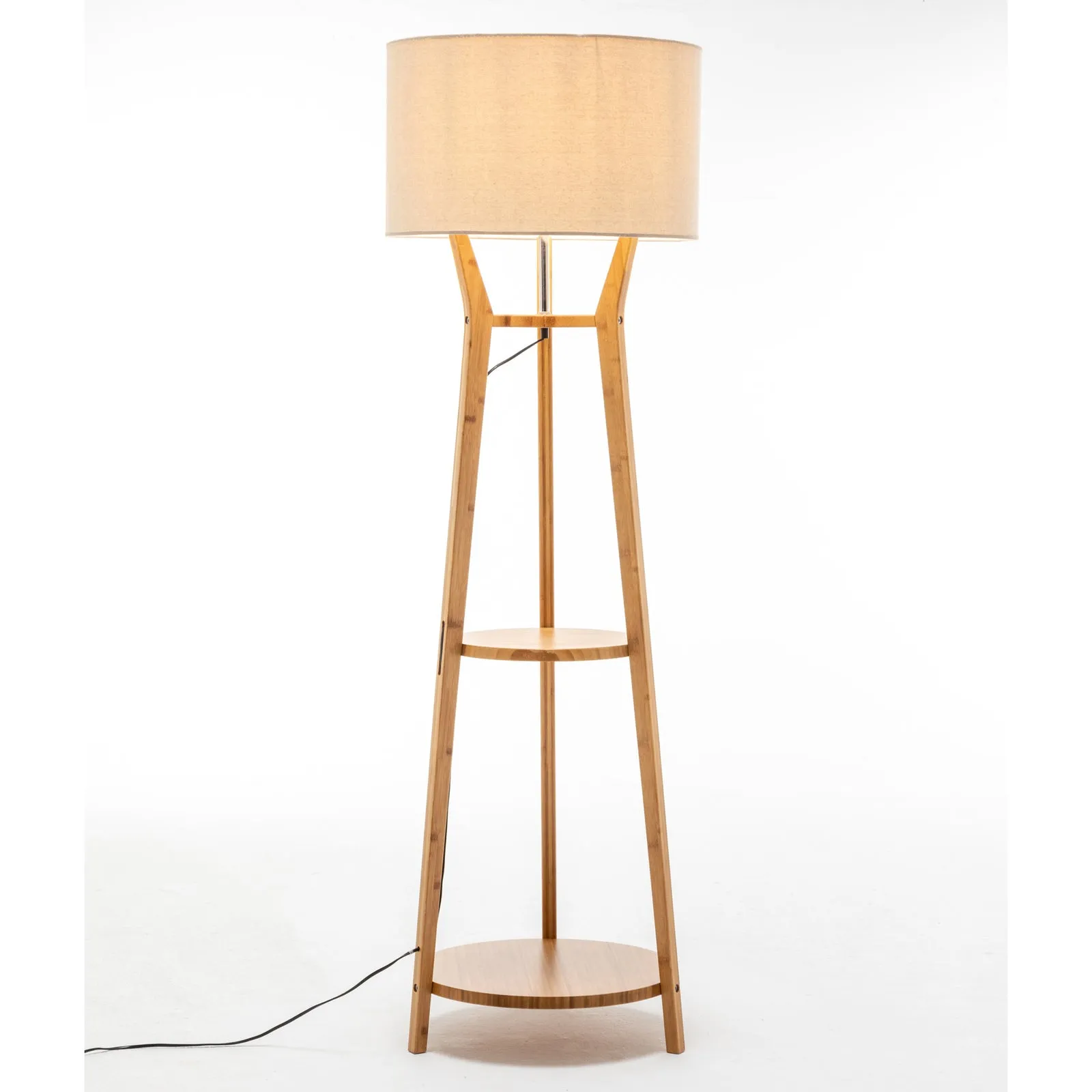 168cm Large Bamboo Wooden Tripod Floor Lamp | Modern Linen Shade with Shelves