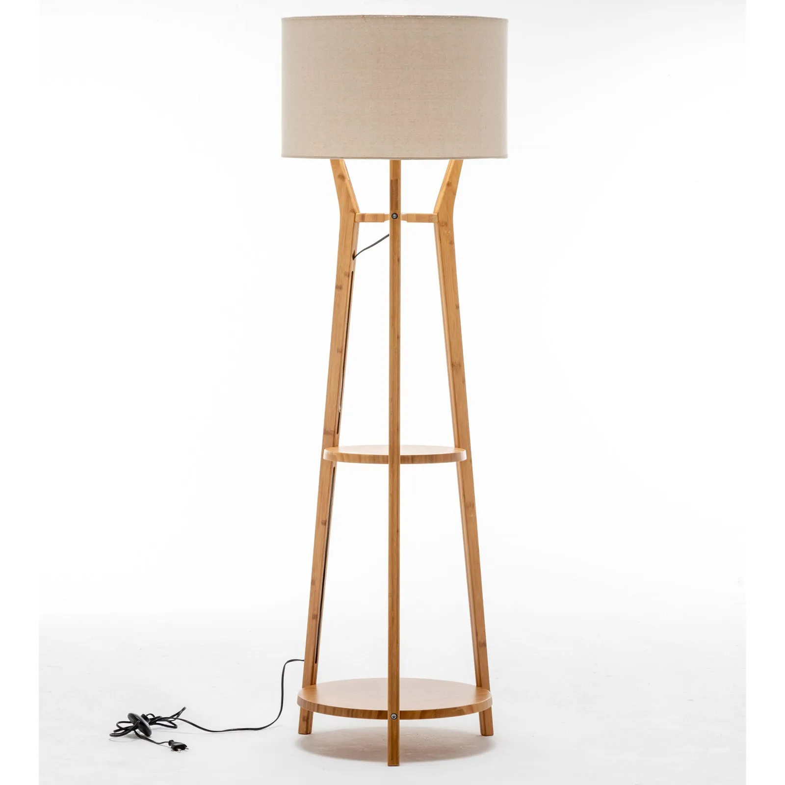 168cm Large Bamboo Wooden Tripod Floor Lamp | Modern Linen Shade with Shelves