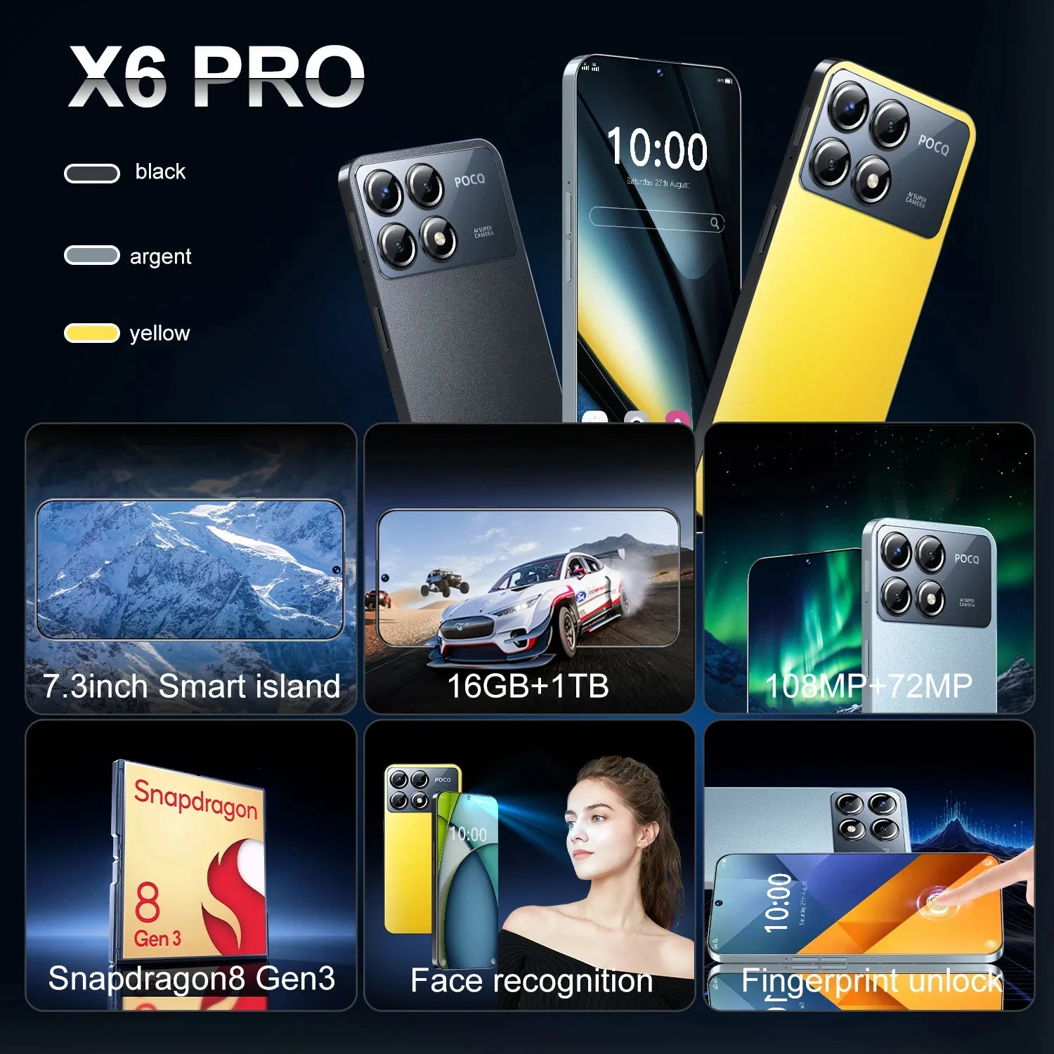 2024 NEW Cell Phone X6 Pro 7.3 HD Screen SmartPhone 16G 1T 5G Dual Sim Celulares Android Unlocked 108MP 7800mAh Mobile Phone