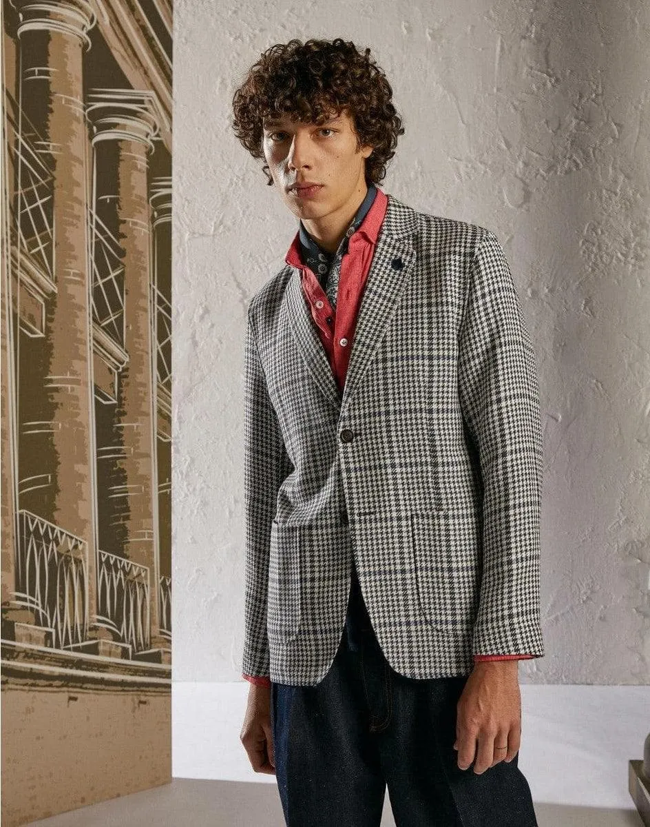 Giacca camicia in lana e seta con disegno macro galles