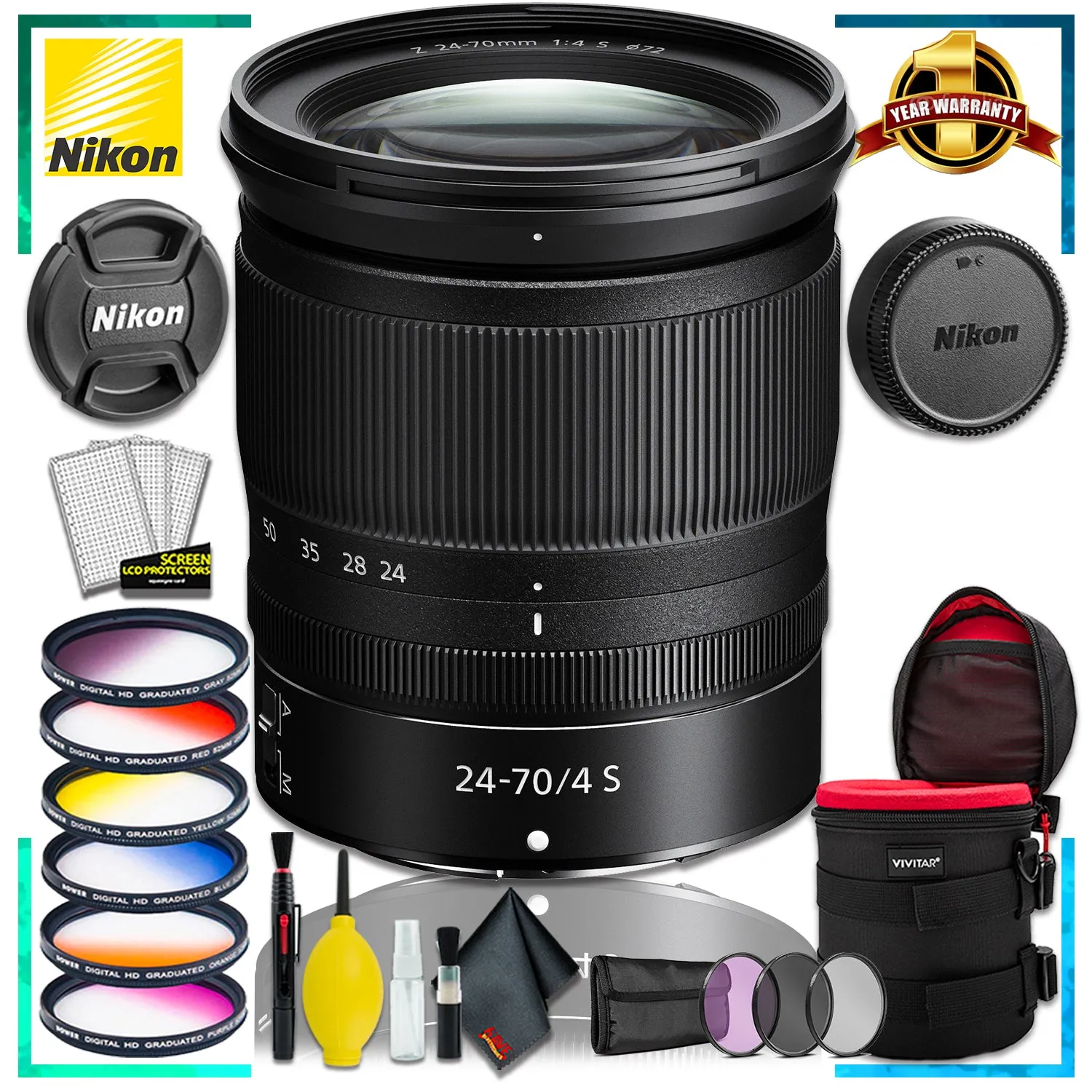 Nikon NIKKOR Z 24-70mm f.4 S Lens (Intl Model)   4.5 inch Vivitar Premium Lens Case   Vivitar Graduated Color Filter Kit   3pcs UV Lens Filter Kit  